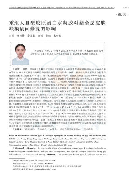 2019 動物研究，重組人Ⅲ型膠原蛋白水凝膠對豬全層皮膚缺損創(chuàng)面修復的影響